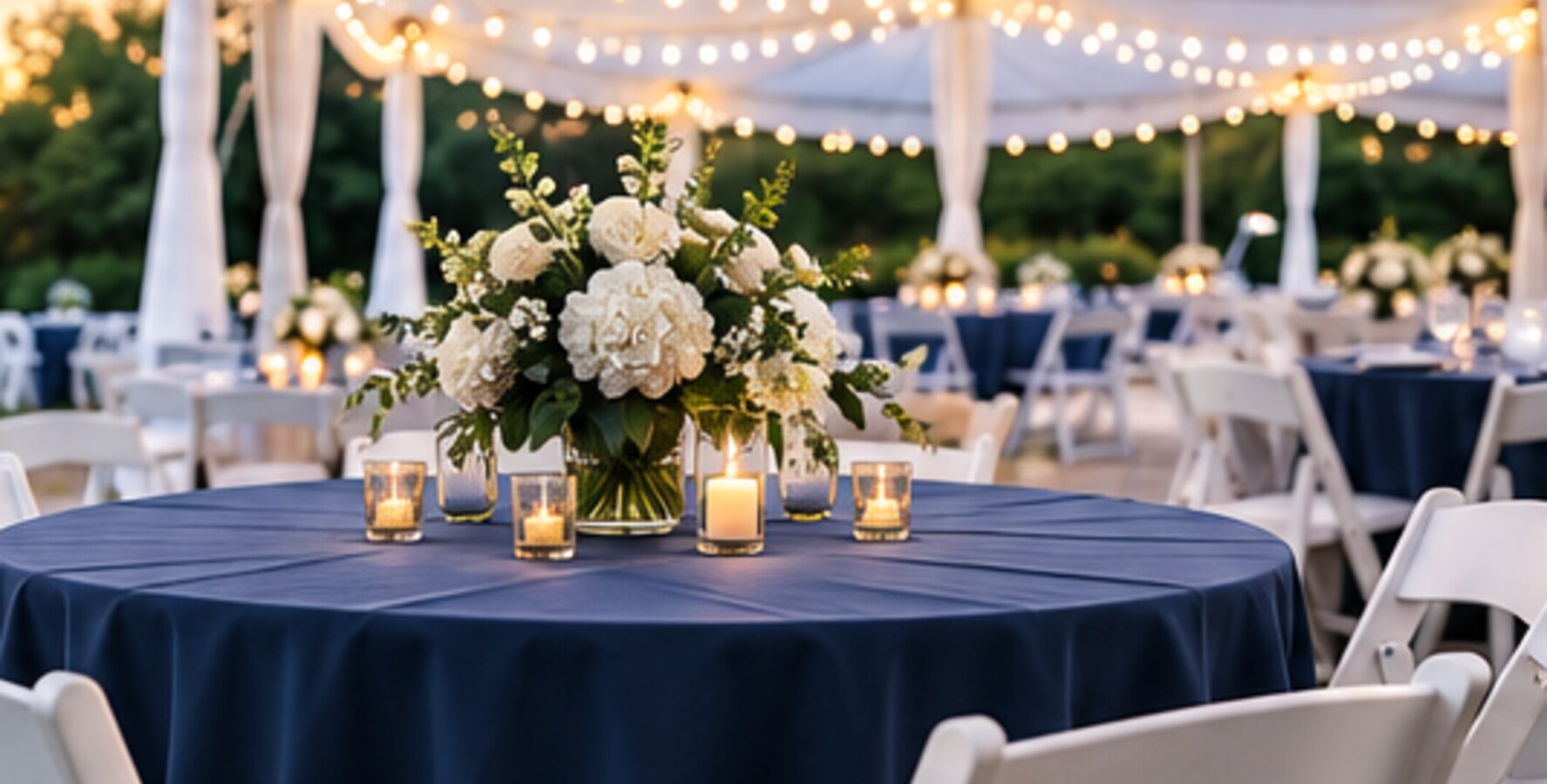 Elegant outdoor event beneath a tent with navy linens and white chairs