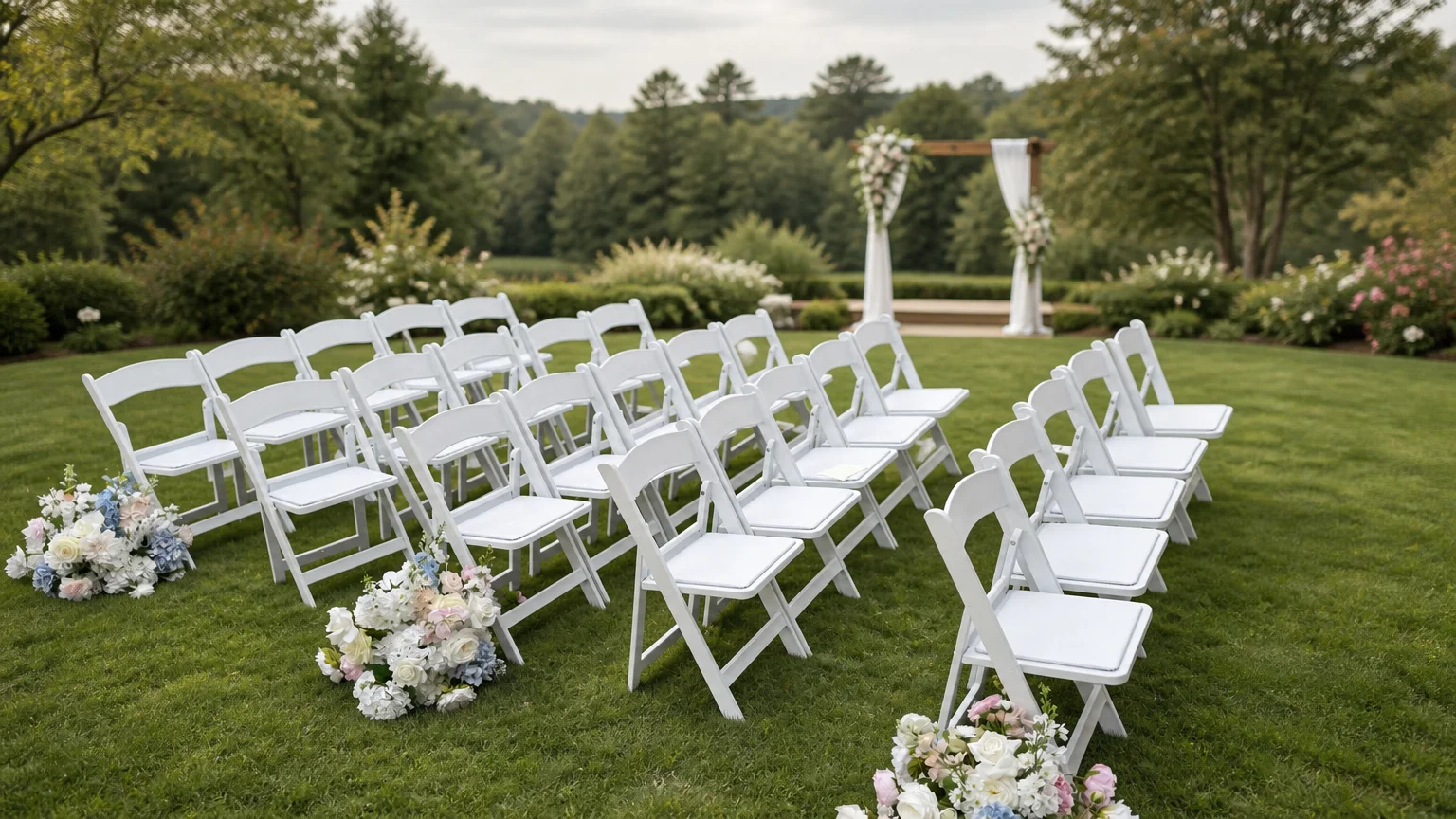 White chairs arranged for a garden wedding ceremony
