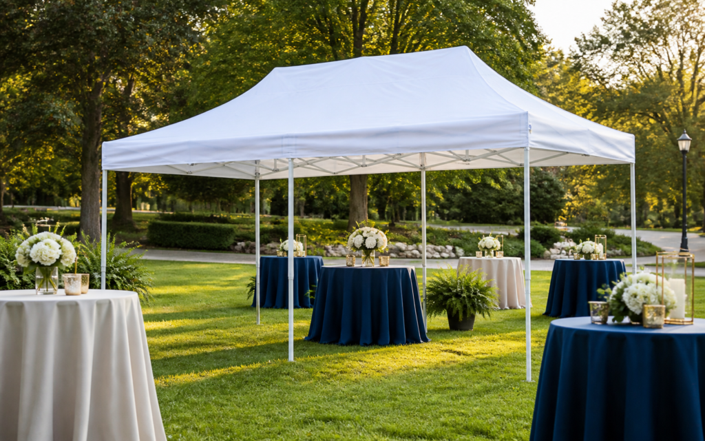 White event tent prepared for an outdoor gathering