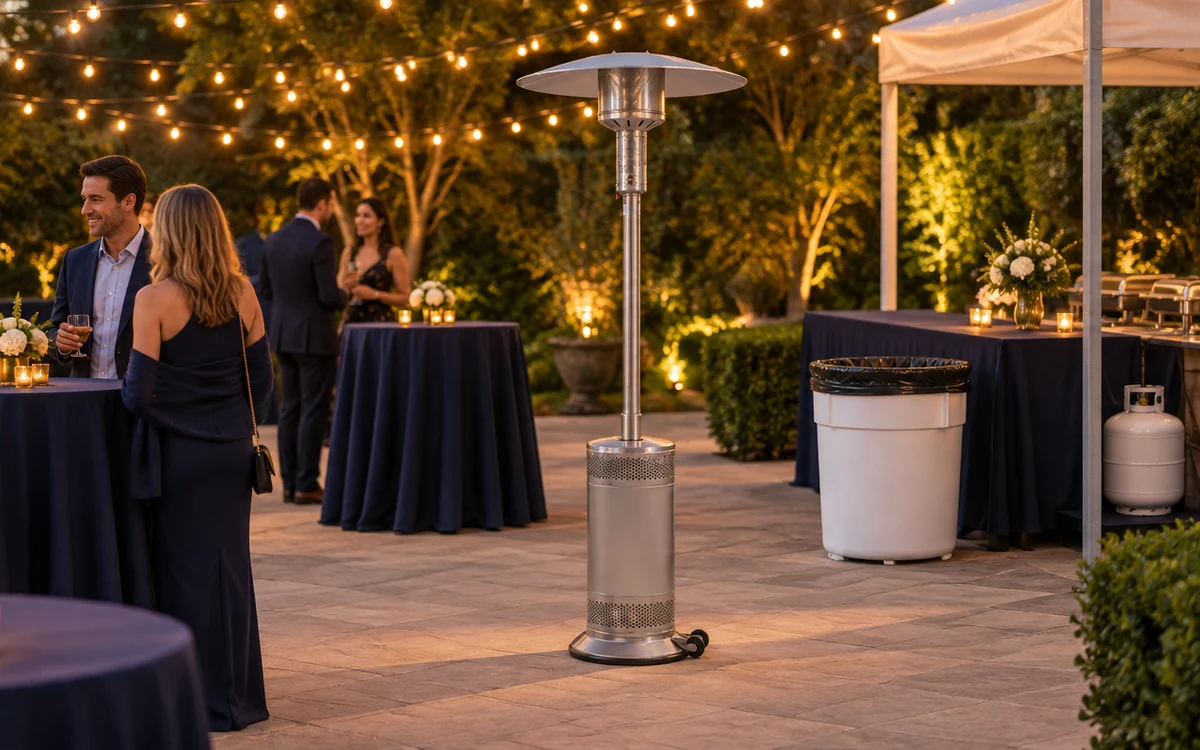 Patio heater, trash container, and propane tank arranged at an outdoor evening event